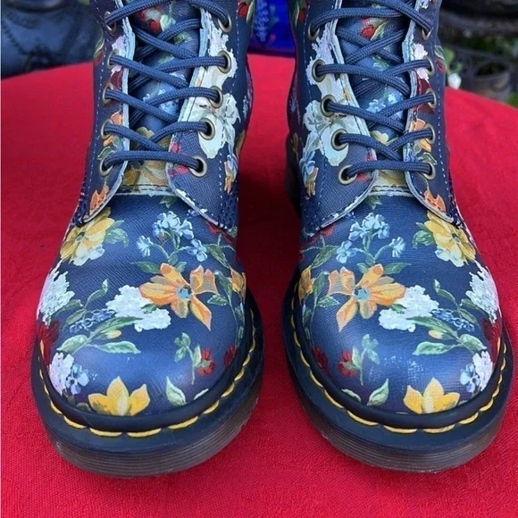 Dr. Martens Slate Gray Blue Floral Tall 14 Eye Lace Up Darcy Boots - Picture 6 of 11